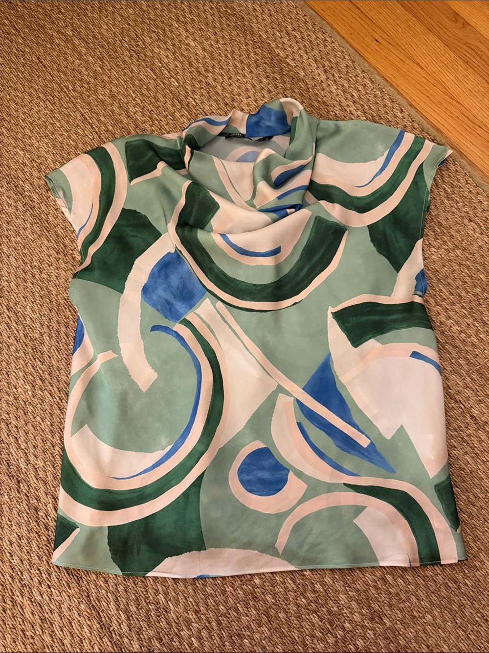Zara Abstract Swirl Draped Neck Top in Mint, Green & Blue